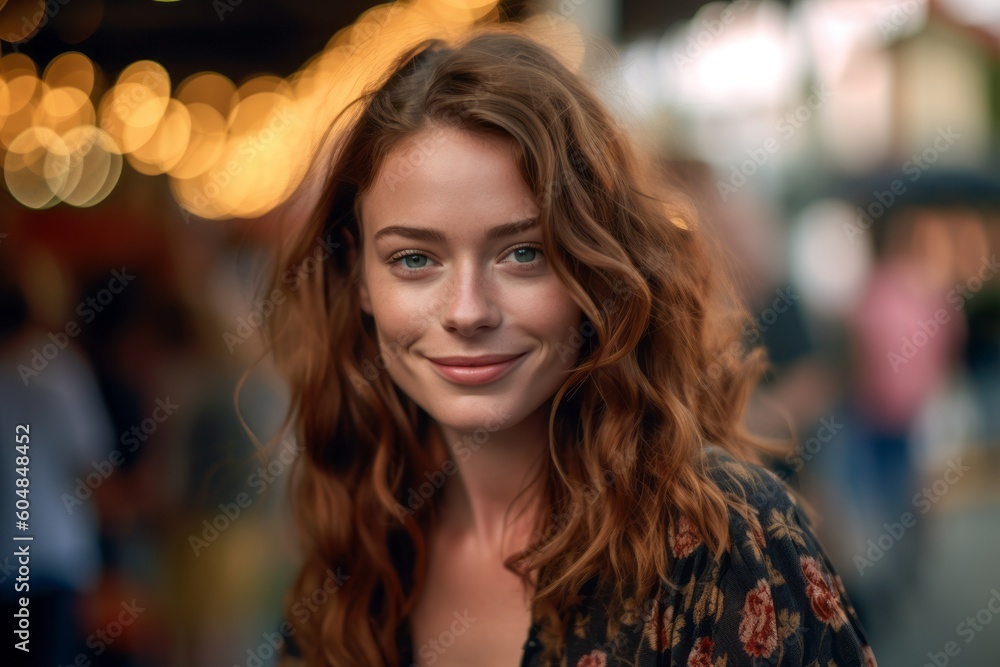 Close-up portrait photography of a glad girl in her 30s wearing a chic jumpsuit against a bustling marketplace background. With generative AI technology