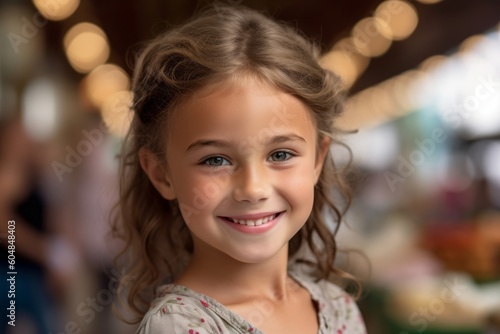 Close-up portrait photography of a grinning kid female wearing a chic jumpsuit against a bustling marketplace background. With generative AI technology