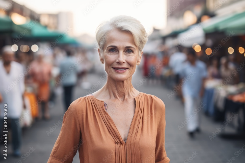 Medium shot portrait photography of a glad mature woman wearing a sophisticated blouse against a bustling marketplace background. With generative AI technology