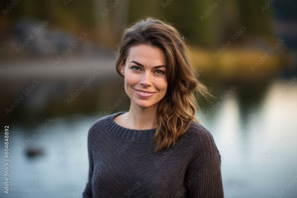 Medium shot portrait photography of a satisfied girl in her 30s wearing a cozy sweater against a tranquil lake background. With generative AI technology