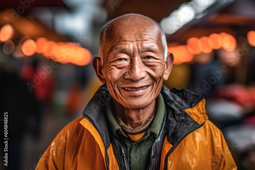 Close-up portrait photography of a grinning old man wearing a lightweight windbreaker against a bustling marketplace background. With generative AI technology