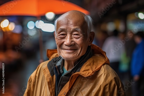 Close-up portrait photography of a grinning old man wearing a lightweight windbreaker against a bustling marketplace background. With generative AI technology © Markus Schröder