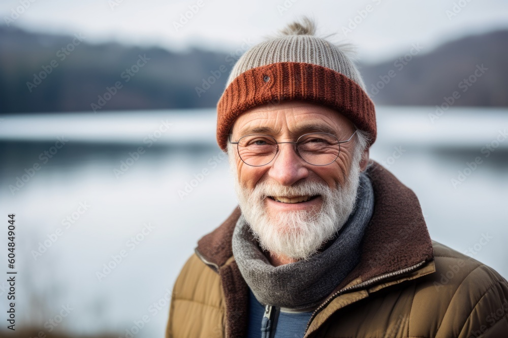 Medium shot portrait photography of a satisfied mature man wearing a warm beanie or knit hat against a tranquil lake background. With generative AI technology Medium shot portrait photography of a satisfied mature man wearing a warm beanie or knit hat against a tranquil lake background. With generative AI technology