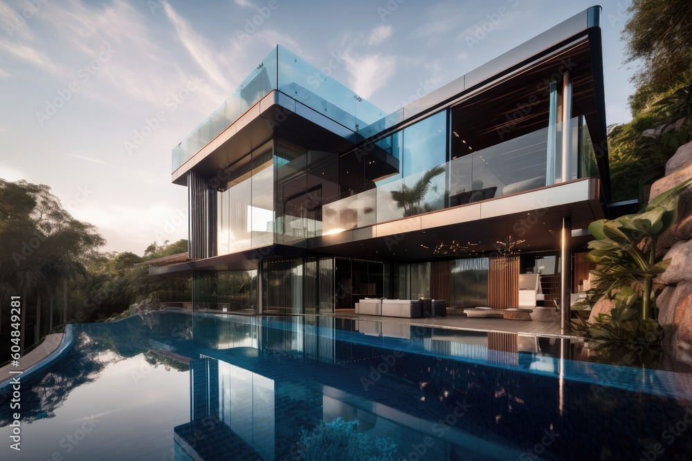 Image showcasing luxury residence with wraparound terrace and infinity pool, created ...