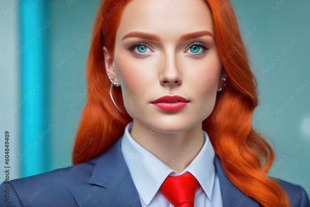 Young redhead hair business woman. Copy space text. Isolated. Mint background Young redhead hair business woman. Copy space text. Isolated. Mint background