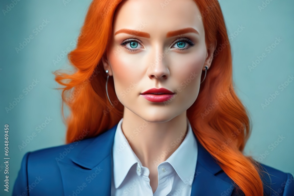 Young redhead hair business woman. Copy space text. Isolated. Mint background Young redhead hair business woman. Copy space text. Isolated. Mint background
