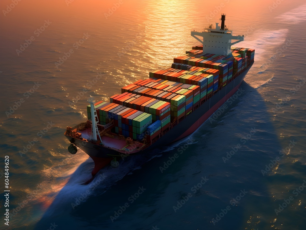 Container ship on the sea with morning sun light. Cargo boat transport ...