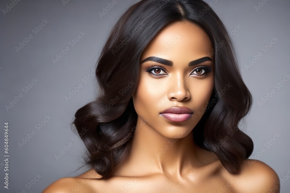 Gorgeous black African American woman beauty close up portrait on gray background. Gorgeous black African American woman beauty close up portrait on gray background.
