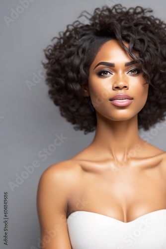 Gorgeous black African American woman beauty close up portrait on gray background. 