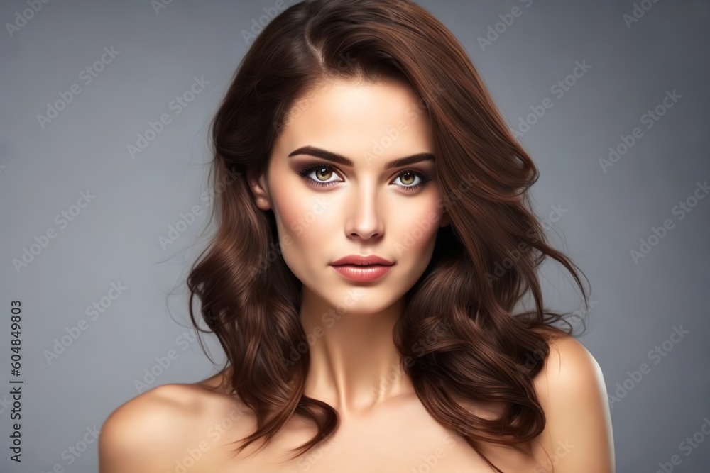 Portrait of a beautiful young model looking at camera. With brunette hair and clean healthy facial skin. Skin care. Copy space. Generative AI Portrait of a beautiful young model looking at camera. With brunette hair and clean healthy facial skin. Skin care. Copy space. Generative AI