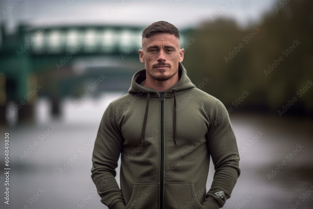 Environmental portrait photography of a glad boy in his 30s wearing a comfortable tracksuit against a riverfront background. With generative AI technology Environmental portrait photography of a glad boy in his 30s wearing a comfortable tracksuit against a riverfront background. With generative AI technology