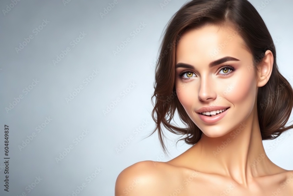 Portrait of a beautiful young model looking at camera. With brunette hair and clean healthy facial skin. Skin care. Copy space. Generative AI Portrait of a beautiful young model looking at camera. With brunette hair and clean healthy facial skin. Skin care. Copy space. Generative AI