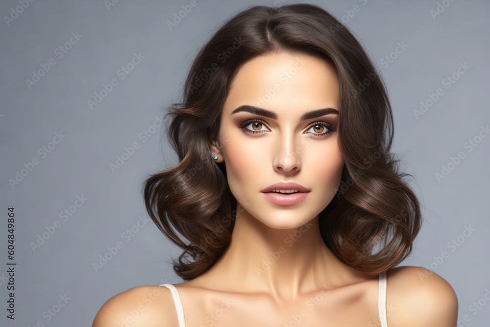Portrait of a beautiful young model looking at camera. With brunette hair and clean healthy facial skin. Skin care. Copy space. Generative AI Portrait of a beautiful young model looking at camera. With brunette hair and clean healthy facial skin. Skin care. Copy space. Generative AI