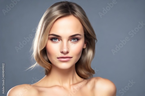 Portrait of a beautiful young model looking at camera. With blonde hair and clean healthy facial skin. Skin care. Copy space. Generative AI