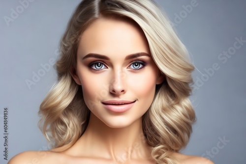 Portrait of a beautiful young model looking at camera. With blonde hair and clean healthy facial skin. Skin care. Copy space. Generative AI