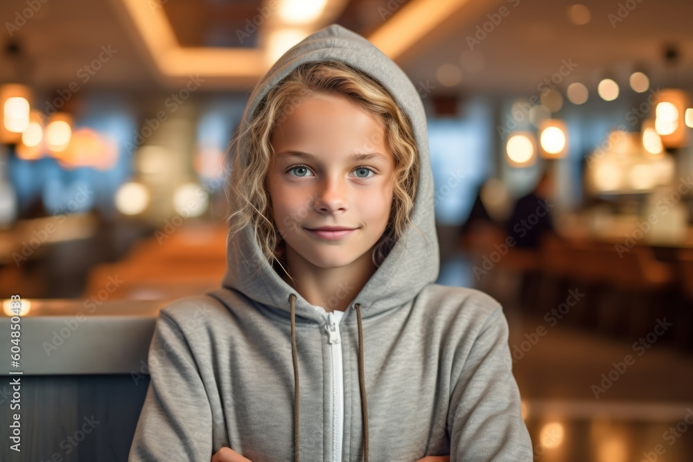 Medium shot portrait photography of a glad kid female wearing a stylish hoodie against a swanky hotel lobby background. With generative AI technology Medium shot portrait photography of a glad kid female wearing a stylish hoodie against a swanky hotel lobby background. With generative AI technology