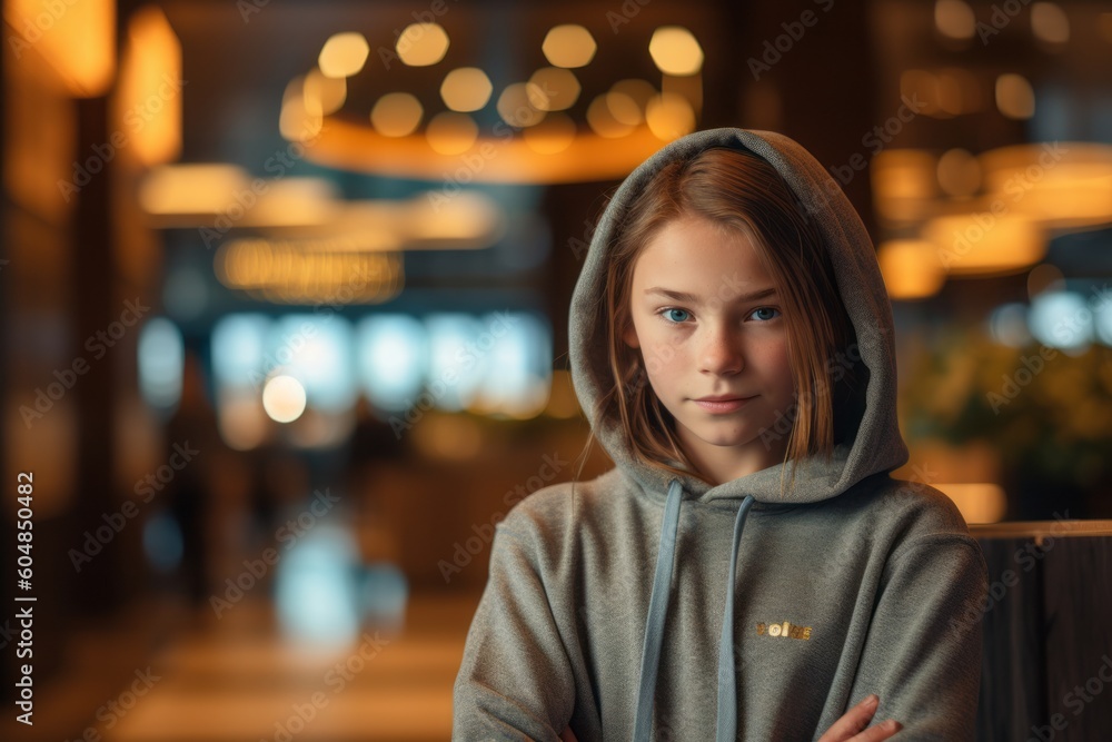 Medium shot portrait photography of a glad kid female wearing a stylish hoodie against a swanky hotel lobby background. With generative AI technology Medium shot portrait photography of a glad kid female wearing a stylish hoodie against a swanky hotel lobby background. With generative AI technology