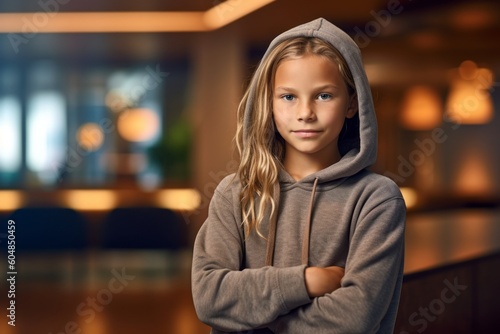 Medium shot portrait photography of a glad kid female wearing a stylish hoodie against a swanky hotel lobby background. With generative AI technology