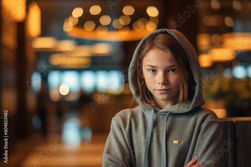 Medium shot portrait photography of a glad kid female wearing a stylish hoodie against a swanky hotel lobby background. With generative AI technology