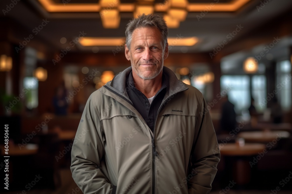 Medium shot portrait photography of a satisfied mature man wearing a lightweight windbreaker against a swanky hotel lobby background. With generative AI technology