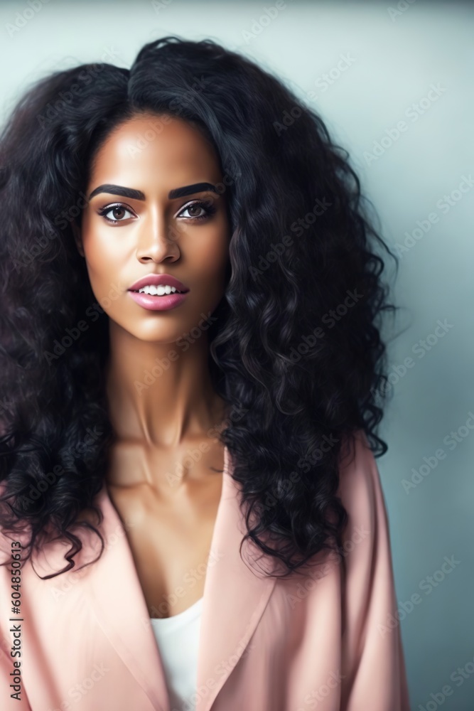 Portrait of a beautiful young afro american model looking at camera. With afro hair and clean healthy facial skin. Skin care. Copy space. Generative AI Portrait of a beautiful young afro american model looking at camera. With afro hair and clean healthy facial skin. Skin care. Copy space. Generative AI