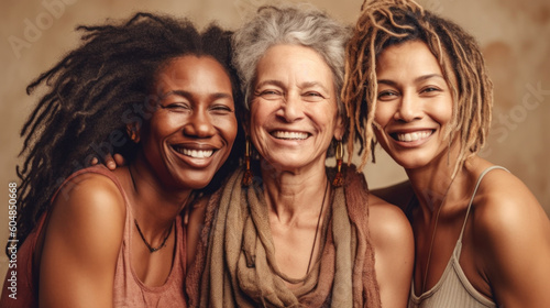 Three multicultural senior women radiate joy as they pose together in a studio setting. Generative AI