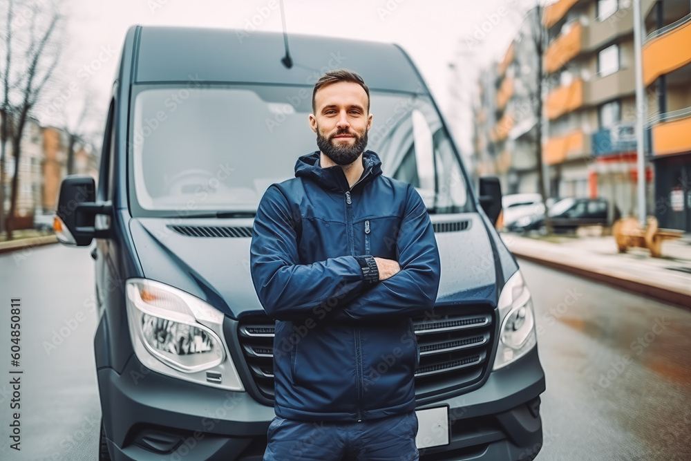 Delivery man standing in front of his van. Delivery man smiling and posing in front of delivery truck. Generative AI Delivery man standing in front of his van. Delivery man smiling and posing in front of delivery truck. Generative AI