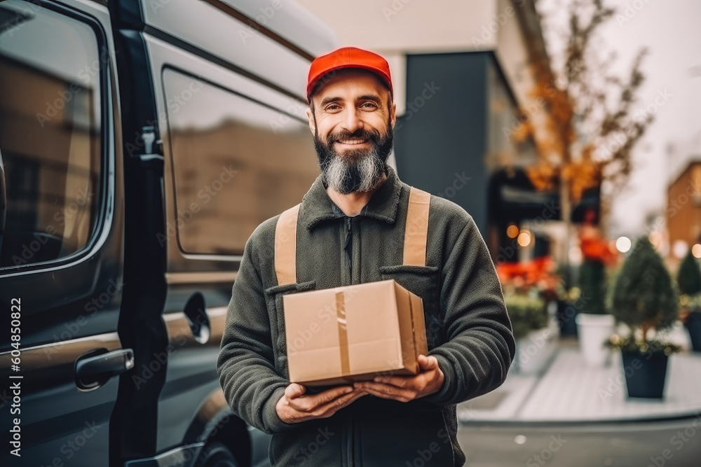 Delivery man standing in front of his delivery van, holding a package ...