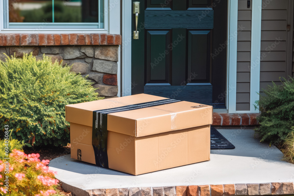 Expedited delivery box outside of front door. Delivered cardboard box package in front of door. Generative AI Expedited delivery box outside of front door. Delivered cardboard box package in front of door. Generative AI