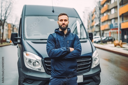 Delivery man standing in front of his van. Delivery man smiling and posing in front of delivery truck. Generative AI photo