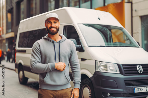 Delivery man standing in front of his van. Delivery man smiling and posing in front of delivery truck. Generative AI © VisualProduction