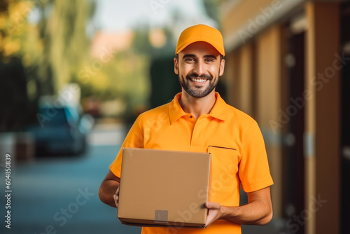 Delivery man delivering a parcel box to customer. Postman holding a brown cardboard box package. Generative AI © VisualProduction