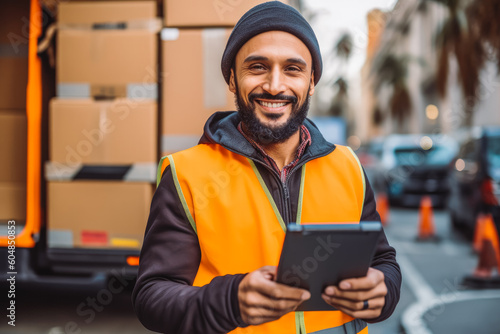 Happy courier man with tablet, signing for delivery confirmation. Delivery man standing in front of his delivery van, holding a package. Generative AI