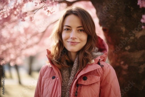 Environmental portrait photography of a glad girl in her 30s wearing a warm parka against a cherry blossom background. With generative AI technology