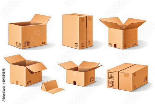 Open and closed recycle brown carton cardboard delivery packaging isolated on white background. Generative AI © VisualProduction