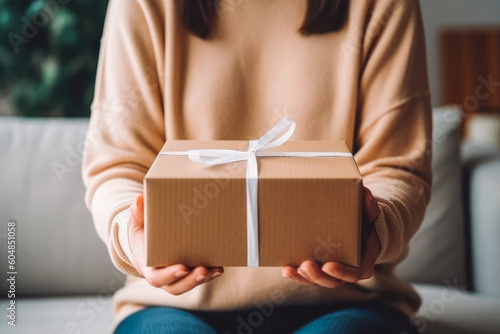 Woman holding cardboard box package with bow sitting on sofa at home. Online shopping home delivery. Generative AI © VisualProduction