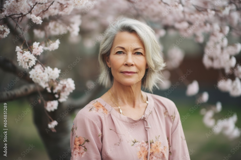 Medium shot portrait photography of a tender mature woman wearing breezy shorts against a cherry blossom background. With generative AI technology Medium shot portrait photography of a tender mature woman wearing breezy shorts against a cherry blossom background. With generative AI technology
