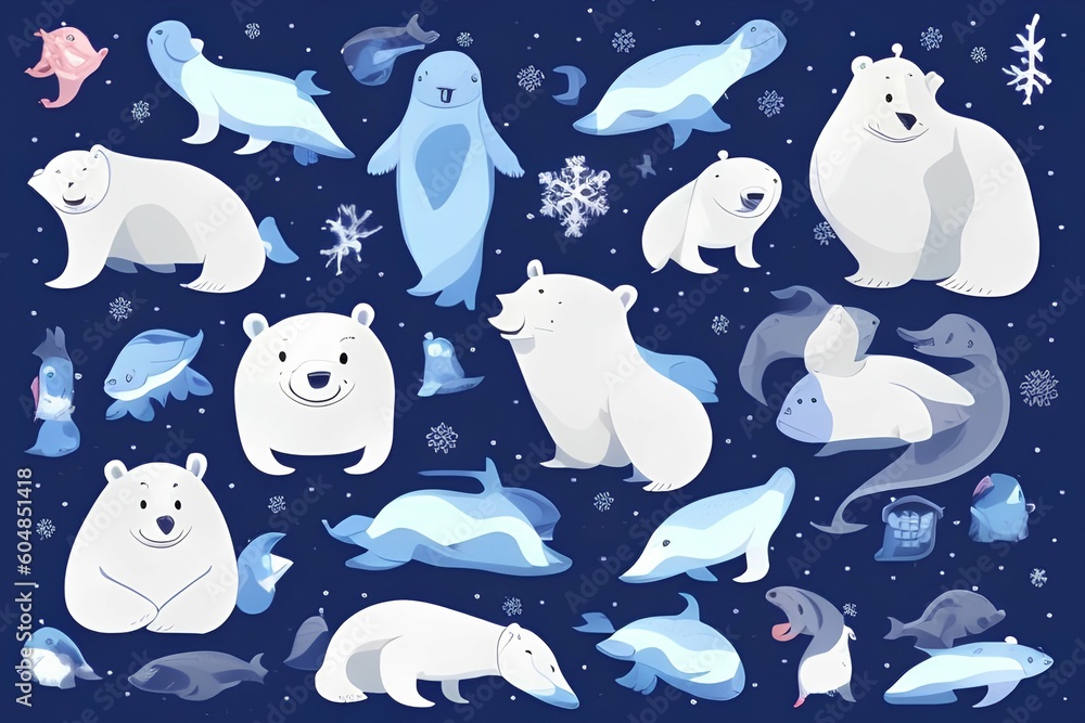 Obraz premium Vector with cute Arctic animals , Cartoon characters Arctic and Antarctic animals - generative ai 