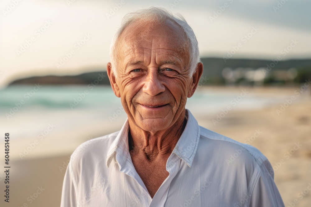 Medium shot portrait photography of a satisfied old man wearing a classy button-up shirt against a serene beach background. With generative AI technology Medium shot portrait photography of a satisfied old man wearing a classy button-up shirt against a serene beach background. With generative AI technology
