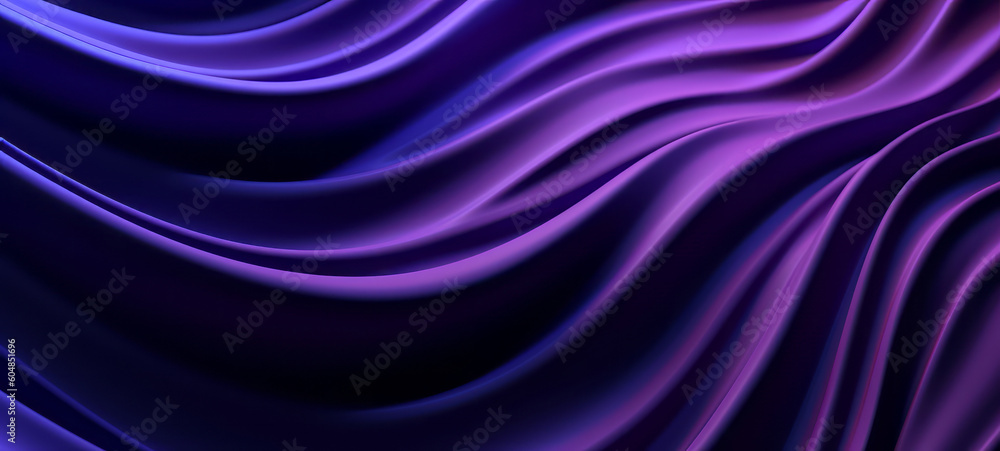 Blue purple dark shiny satin silk swirl wave background banner panorama long - Abstract textile fabric material, backdrop texture for product display or text (Generative Ai) Blue purple dark shiny satin silk swirl wave background banner panorama long - Abstract textile fabric material, backdrop texture for product display or text (Generative Ai)