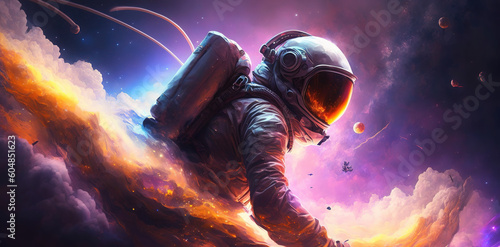 an epic illustration of an astronaut in space, with yellow clouds, generative ai technology