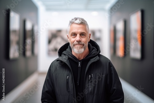 Lifestyle portrait photography of a satisfied mature man wearing a stylish hoodie against a modern art gallery background. With generative AI technology