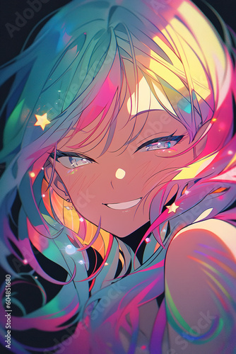 a cute rainbow colored anime girl smiling into camera, generative ai technology