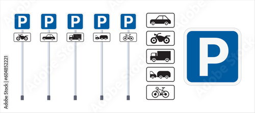 Vector Sets of Parking bays, Parking Lots guidance. Letter P Parking Symbol Sign for car, vehicle, motorbike, bicycle, truck. Essential guidance on parking signs. Vector.