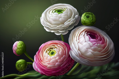 Pink and white ranunculus flowers. Generative Ai