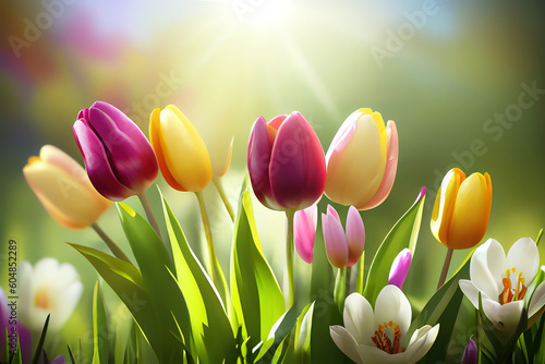 Spring and easter background with tulips in sunny meadow. Generative Ai