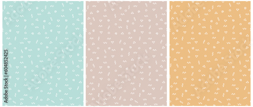 Modern Hand Drawn Irregular Geometric Vector Patterns. White Triangles, Circles, Zig Zags and Swirls on a Light Blue, Coral Pin and Pastel Yellow Background. Simple Abstract Doodles Vector Print.