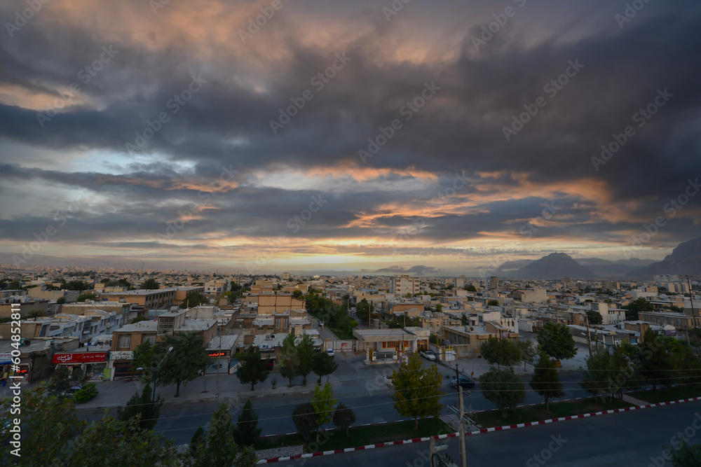 Panorama View of Shiraz from the surrounding hills in summer time with clear sky, Iran.