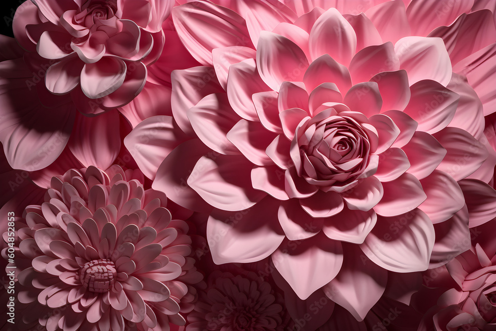 Generative AI, illustrations. Elegant colorful 3d flowers with leaves illustration background.