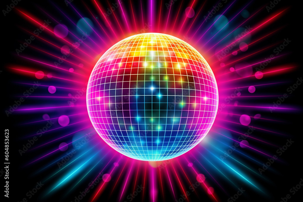 Discokugel mit Discolichtern in Neonfarben. Querformat. Generative Ai. Discokugel mit Discolichtern in Neonfarben. Querformat. Generative Ai.